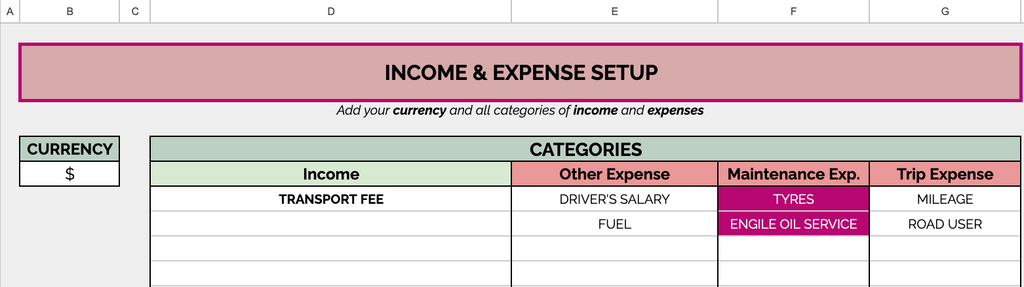 Income and Expense Setup tab